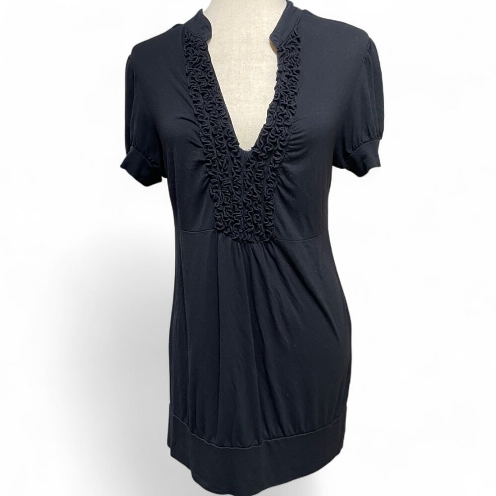 INC Y2K Women's Black Ruffle V-neck Babydoll Banded‎ Tunic Medium